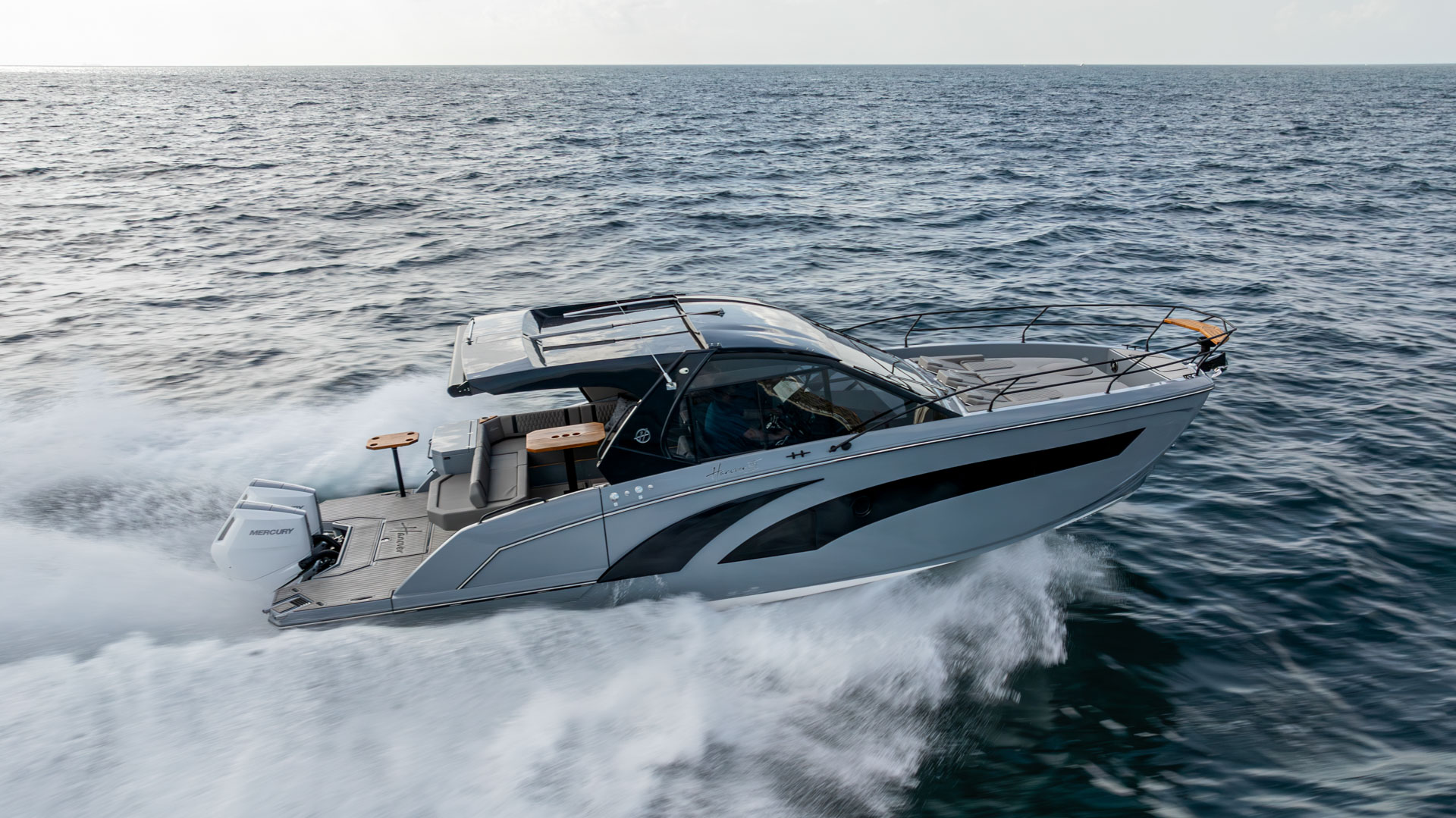 Gray Hanover 387 yacht cruising at speed across open water